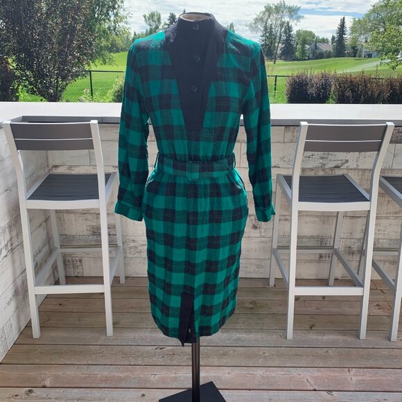 Vintage 80s Tartan Plaid Wool Long Sleeve Belted Sheath Shirt Dress - Picture 8 of 16